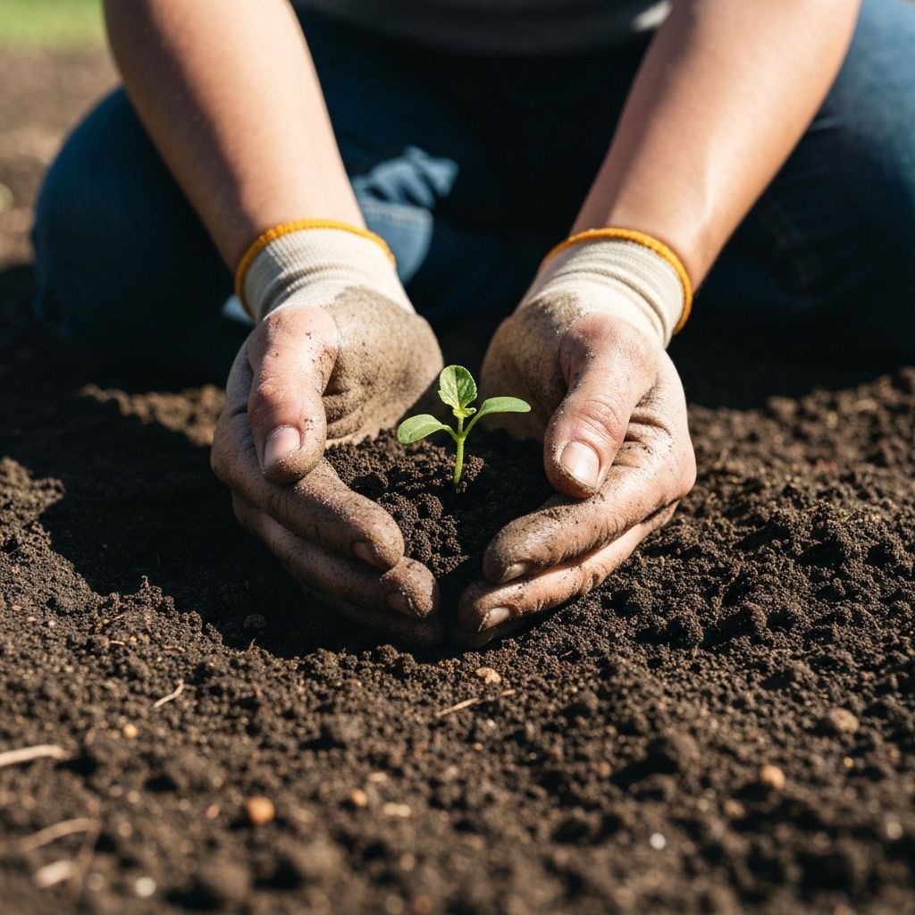 Hands holding soil and seedling